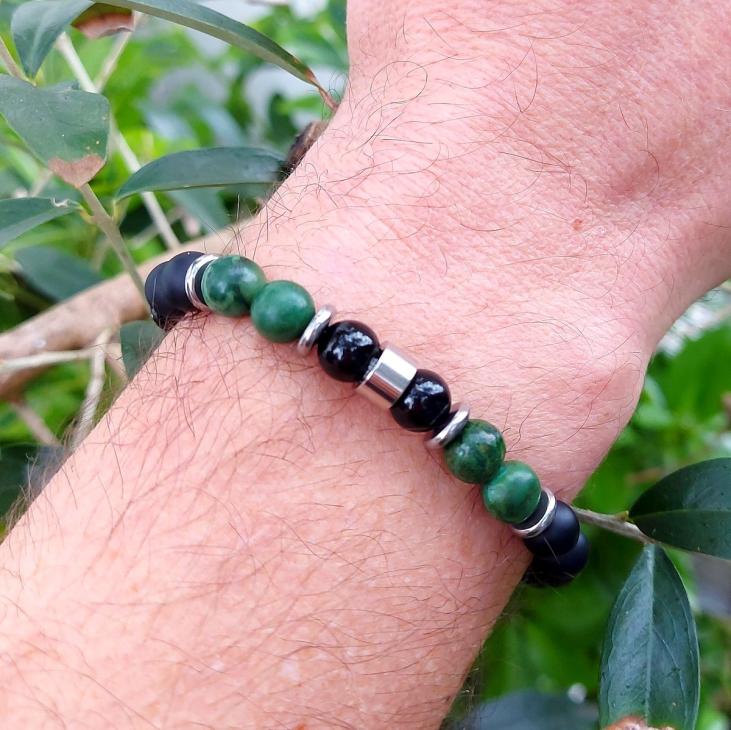 Bracelet élastique en perles de Jade vert et d'Onyx noir de 8 mm de diamètre