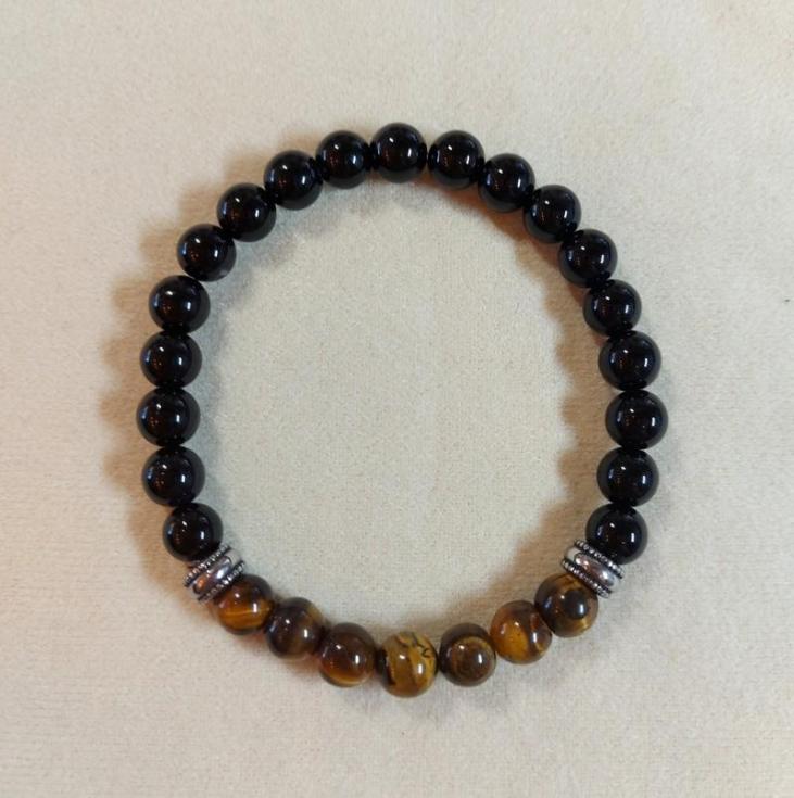 Bracelet en perles d'Onyx noir et Oeil de Tigre 8 mm
