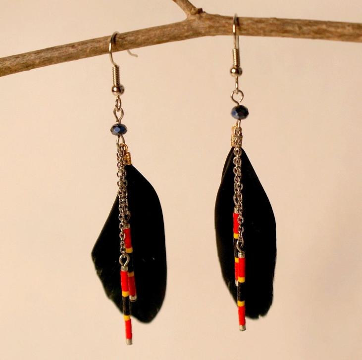 Boucles pendantes PLUMETY argentées noires et rouges