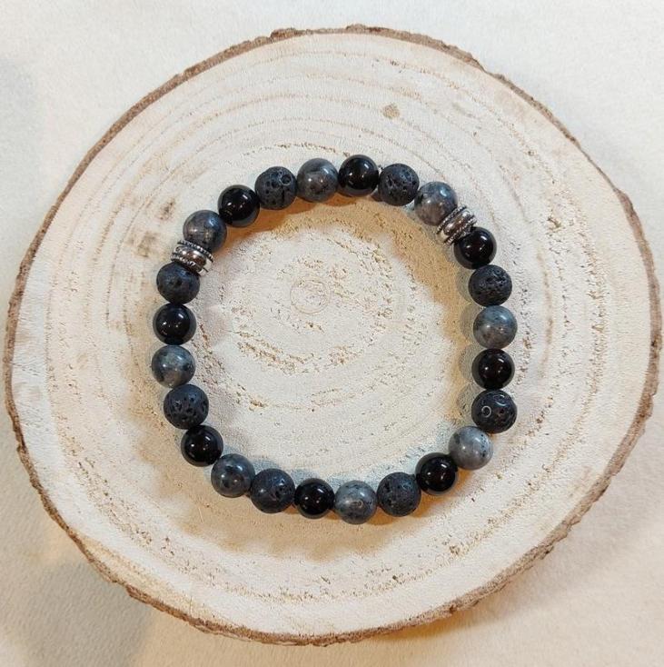 Bracelet Protection en perles d'Onyx noir, de Labradorite et de Pierre de Lave 8 mm
